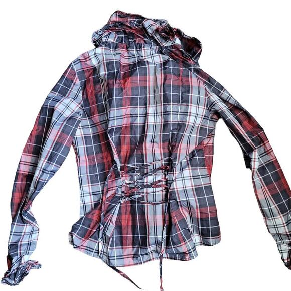 Boston Proper Womens Taffeta Tartan Ruffle Full Zip Blouse 12 Plaid Multi Corset - Picture 3 of 9